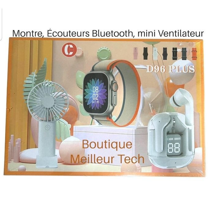 Okpu D96 Plus – Pack 3-en-1 : Montre Connectée + Écouteurs Bluetooth + Mini Ventilateur